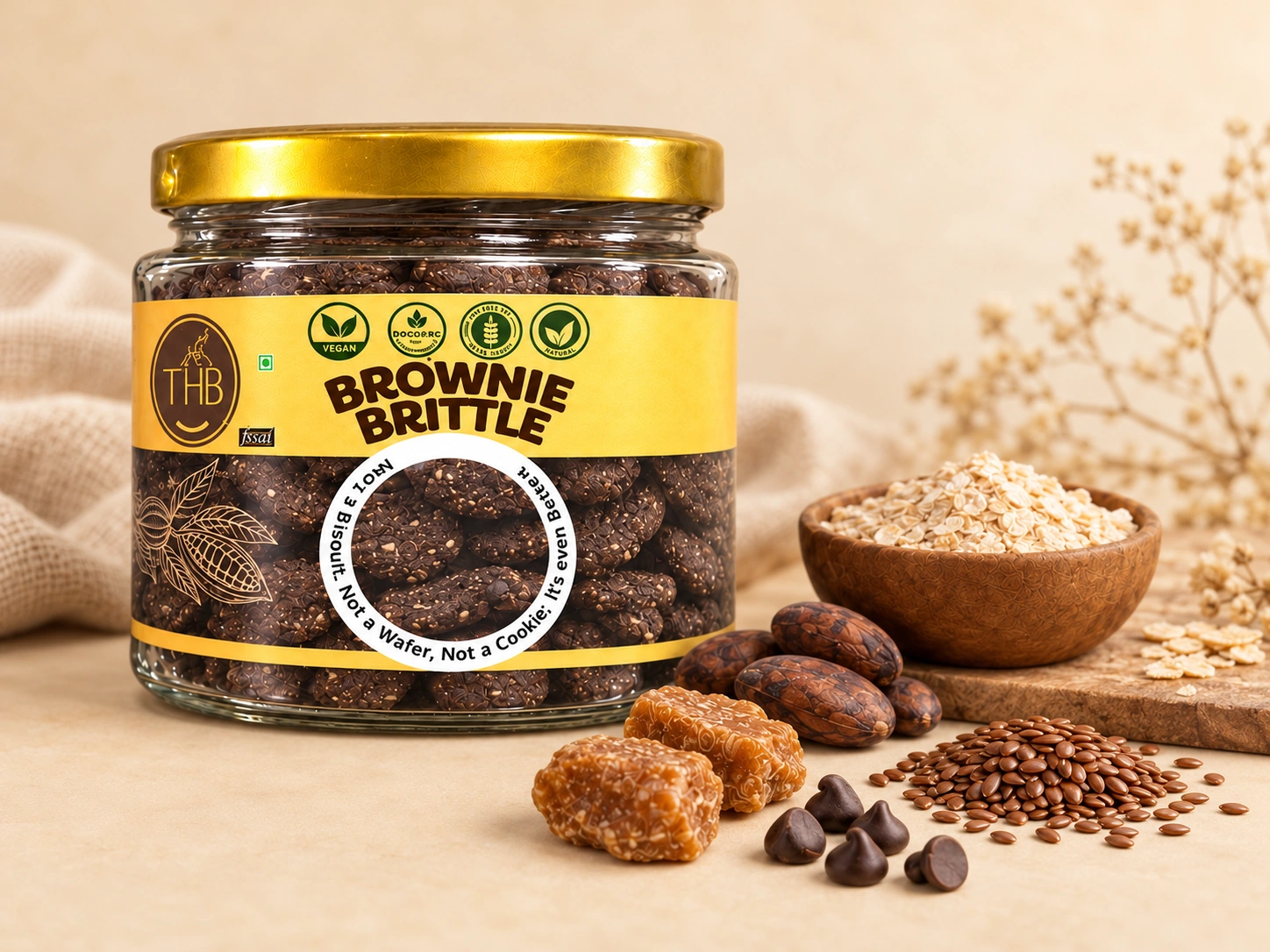 Brownie Brittle: full gold-lidded jar with ingredient pictures