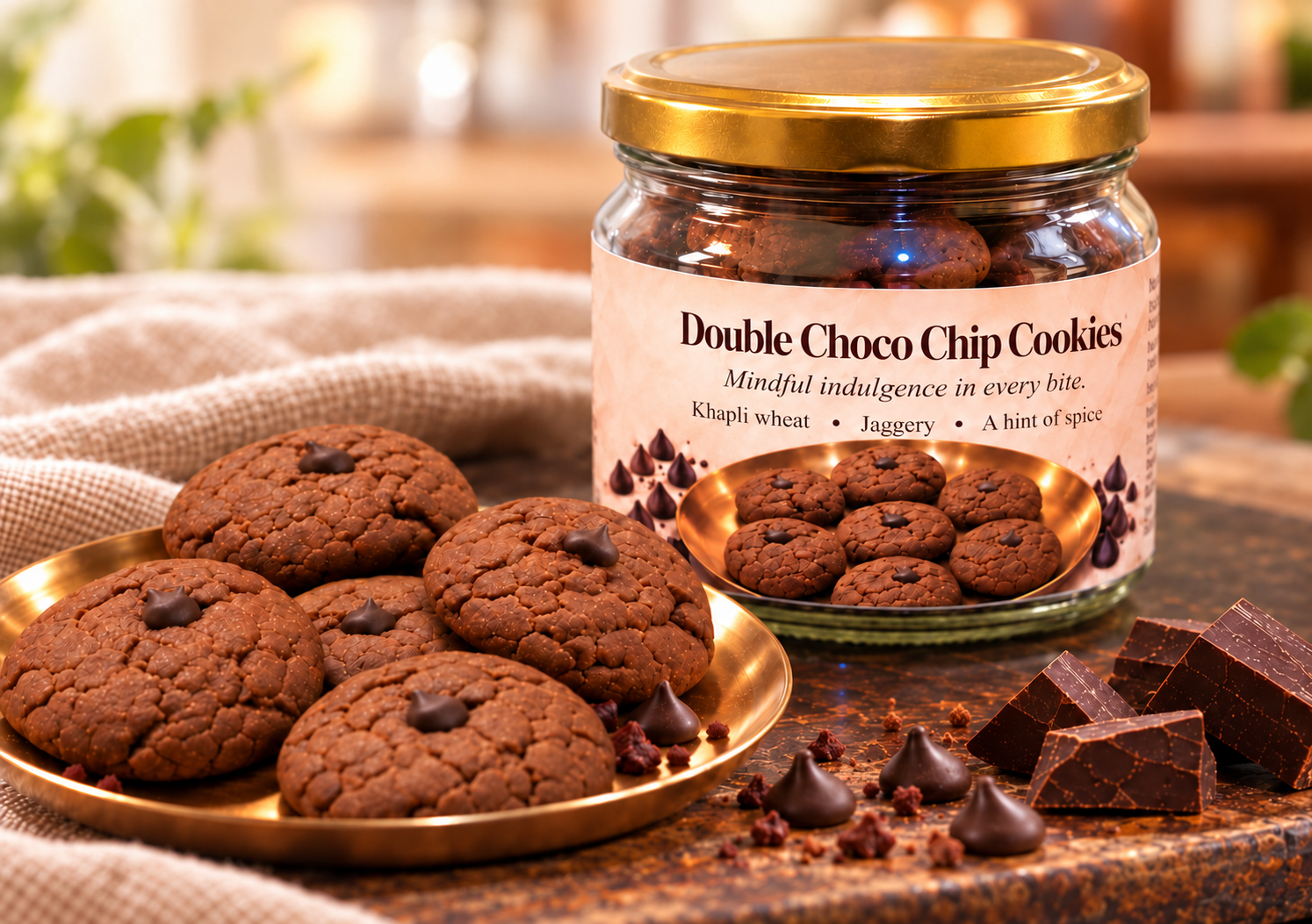 Double Choco Chip Cookies with their gold-lidded jar, copper platter and Belgian chocolate