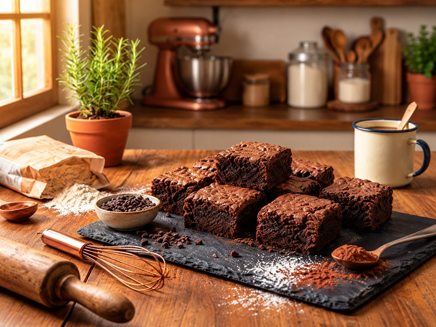 The Home Baker Fudge Brownies on a slate board in a warm kitchen